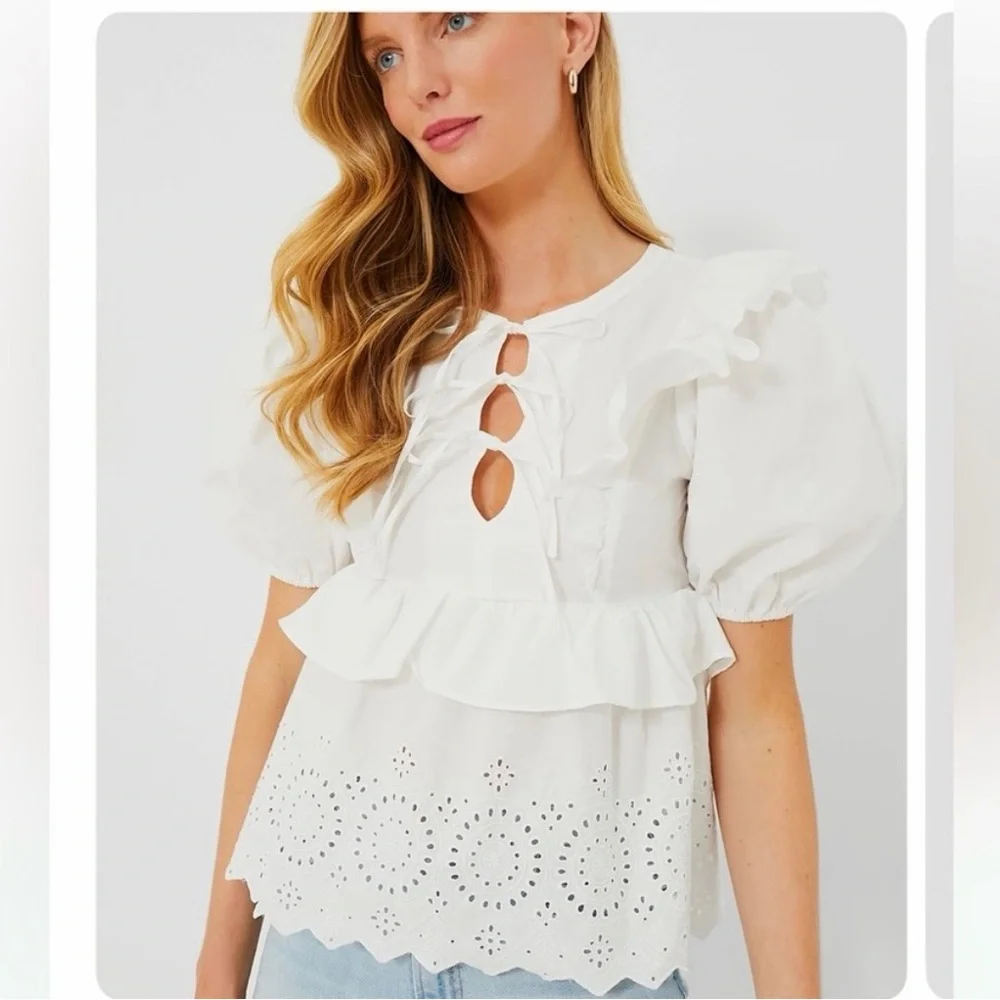 Moon River Puff Sleeve Eyelet Top with Front Ties - Picture 8 of 8